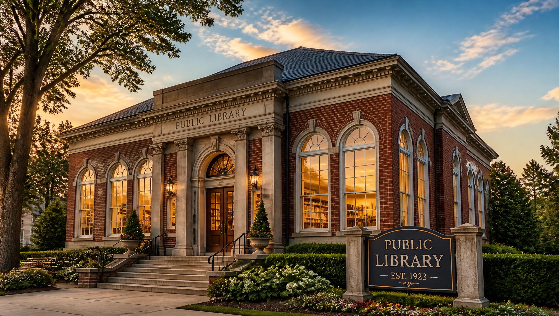 The Bryant Library in Roslyn, New York at golden hour